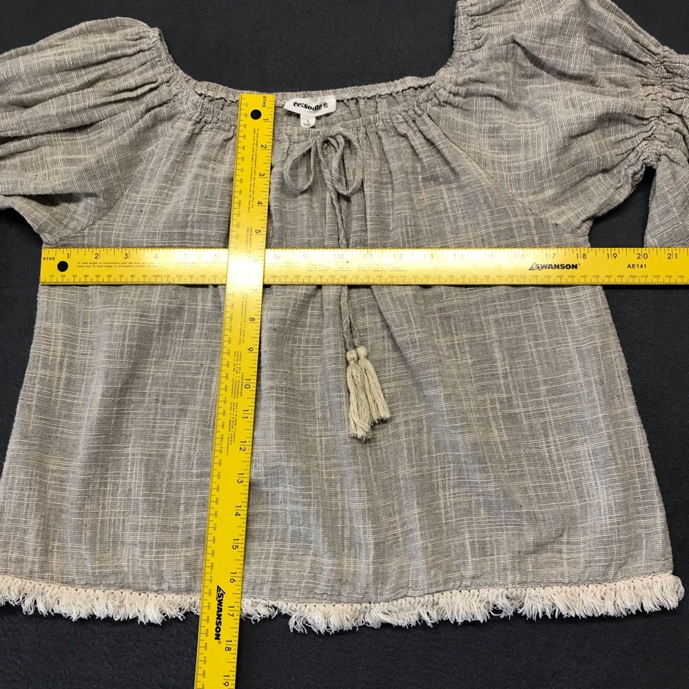 ee:some Womens Sz Large Light Taupe Off-Shoulder Blouse with Tassel Tie / Fringe - Picture 6 of 10
